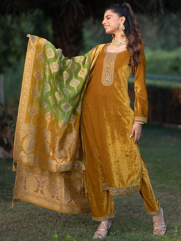 Mustard Yoke Design Velvet Straight Kurta With Trousers & Dupatta - Jashvi