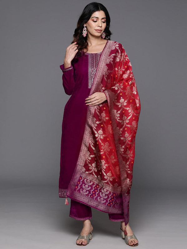 Fuchsia Yoke Design Velvet Straight Kurta With Trousers & Dupatta - Jashvi