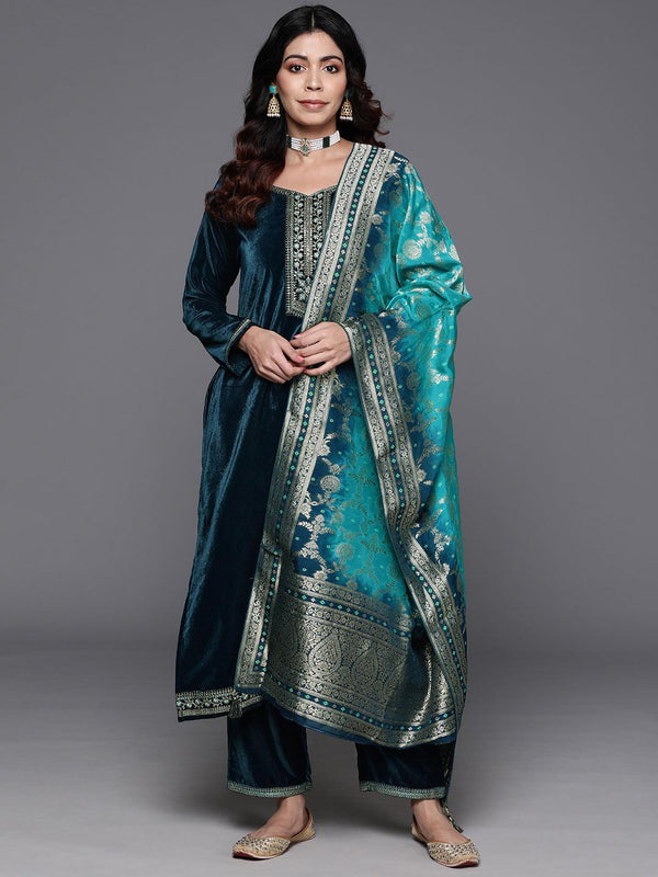 Teal Yoke Design Velvet Straight Suit With Dupatta