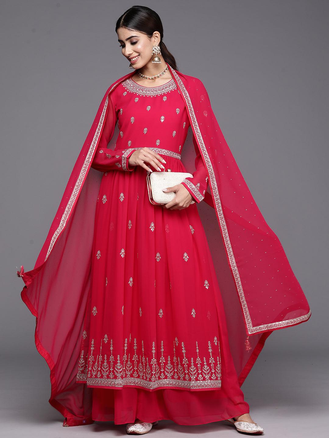 Hot Pink Embroidered Georgette A-Line Kurta With Palazzos & Dupatta - Jashvi