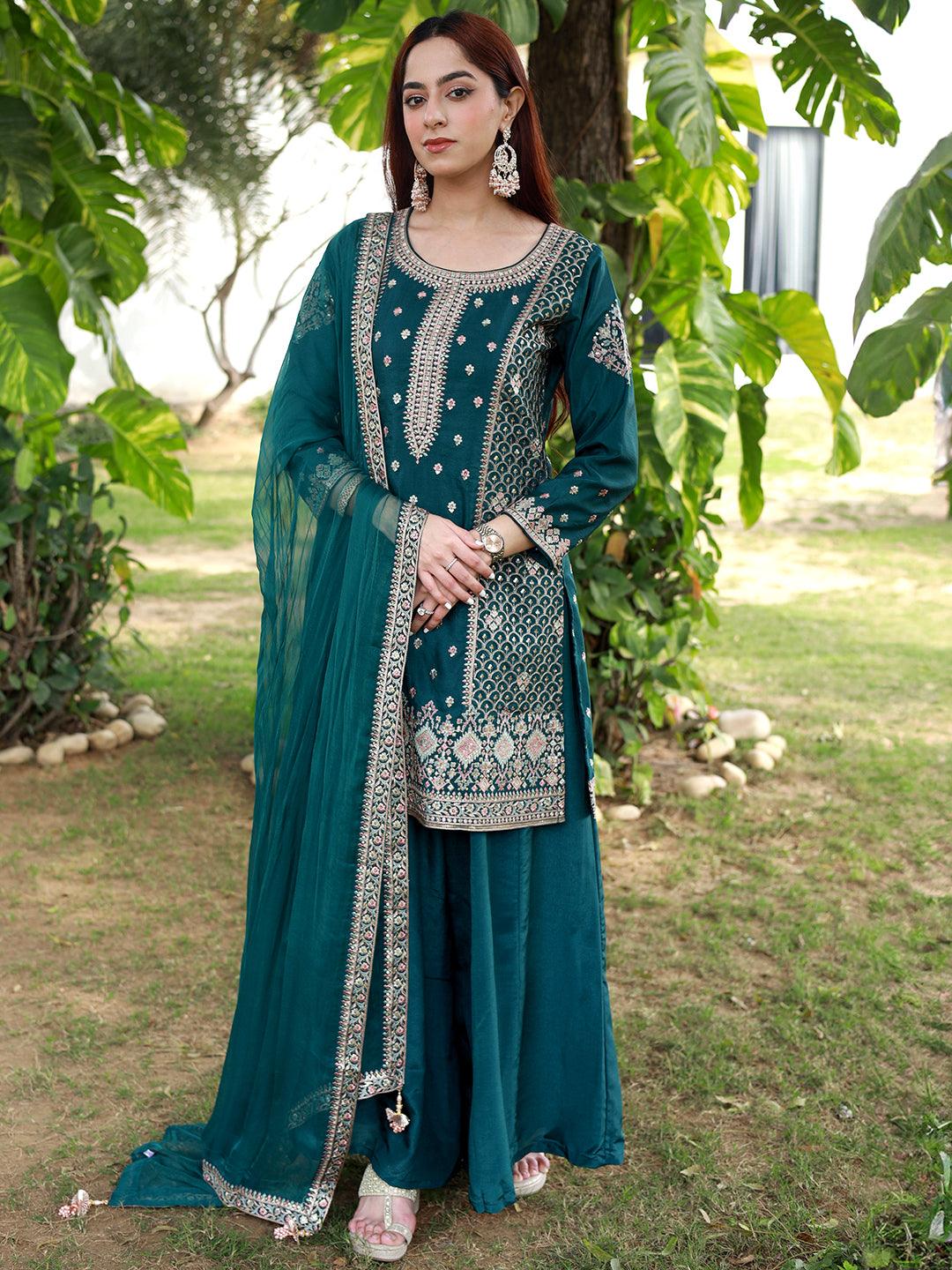 Jashvi Art Green Embroidered Silk Straight Suit With Dupatta - Jashvi