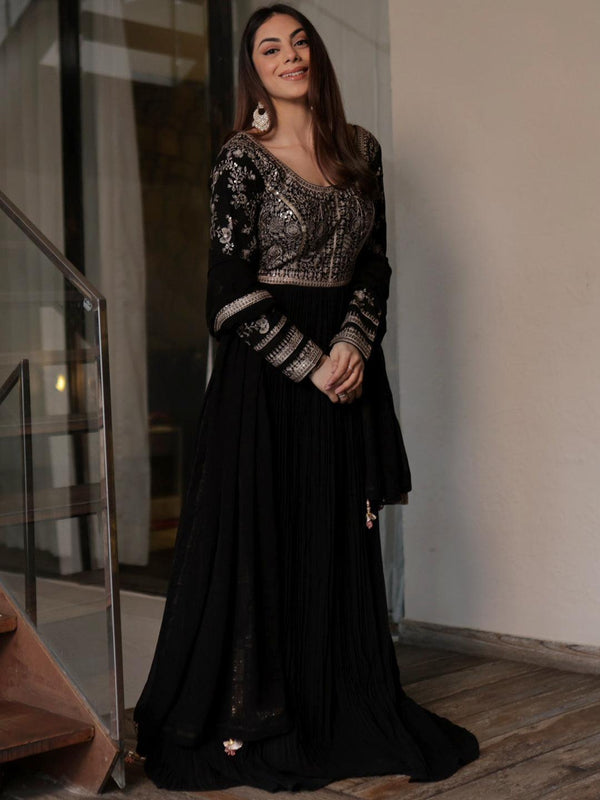 Jashvi Black Embroidered Georgette Anarkali Suit With Dupatta