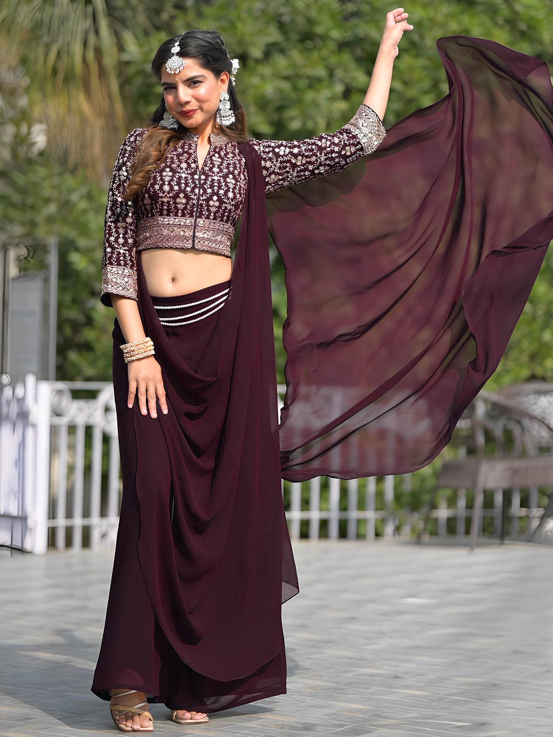 Jashvi Art Wine Embellished Georgette Top With Palazzos - Jashvi