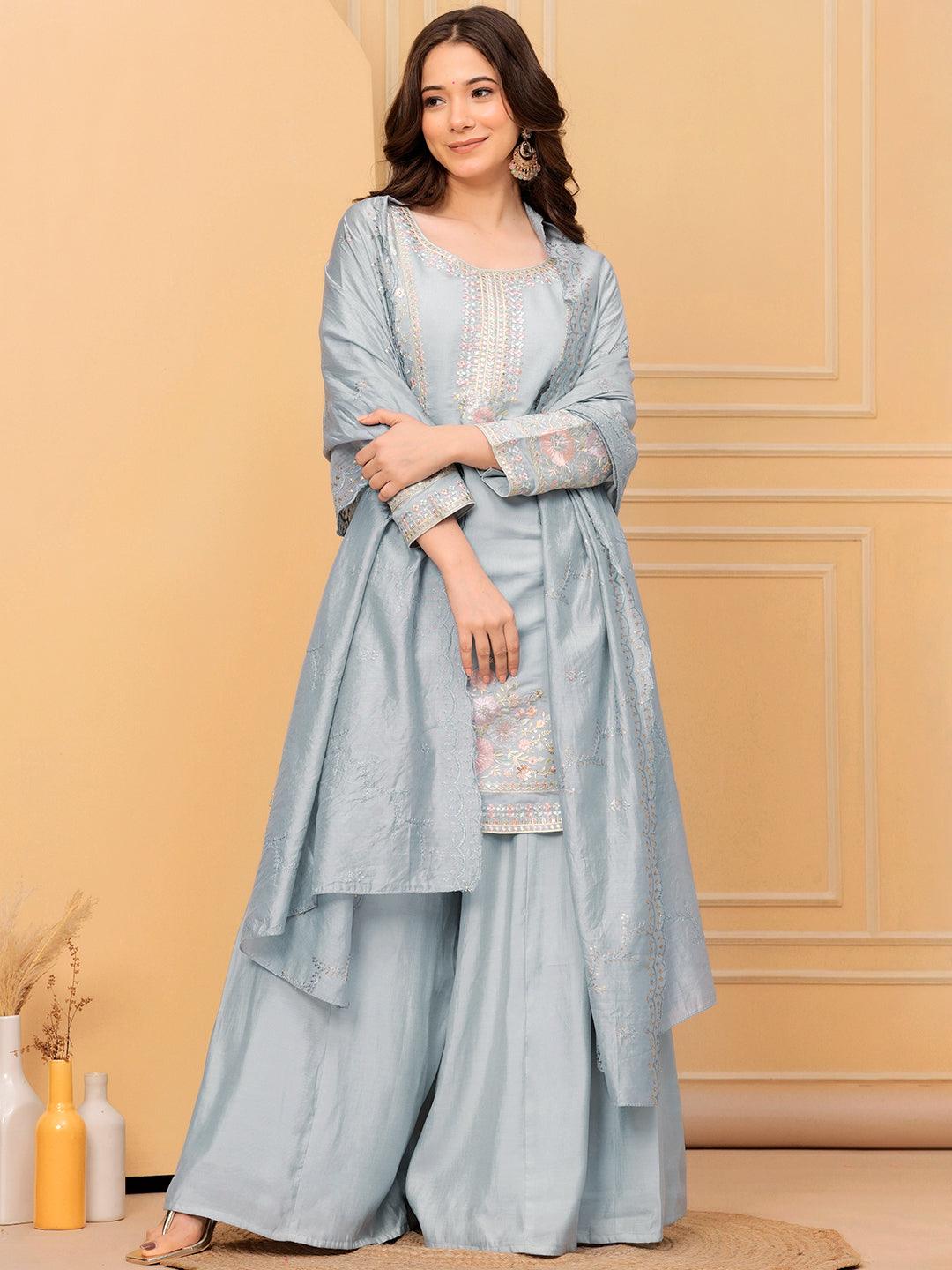 Jashvi Art Blue Embroidered Silk Blend Straight Suit With Dupatta - Jashvi