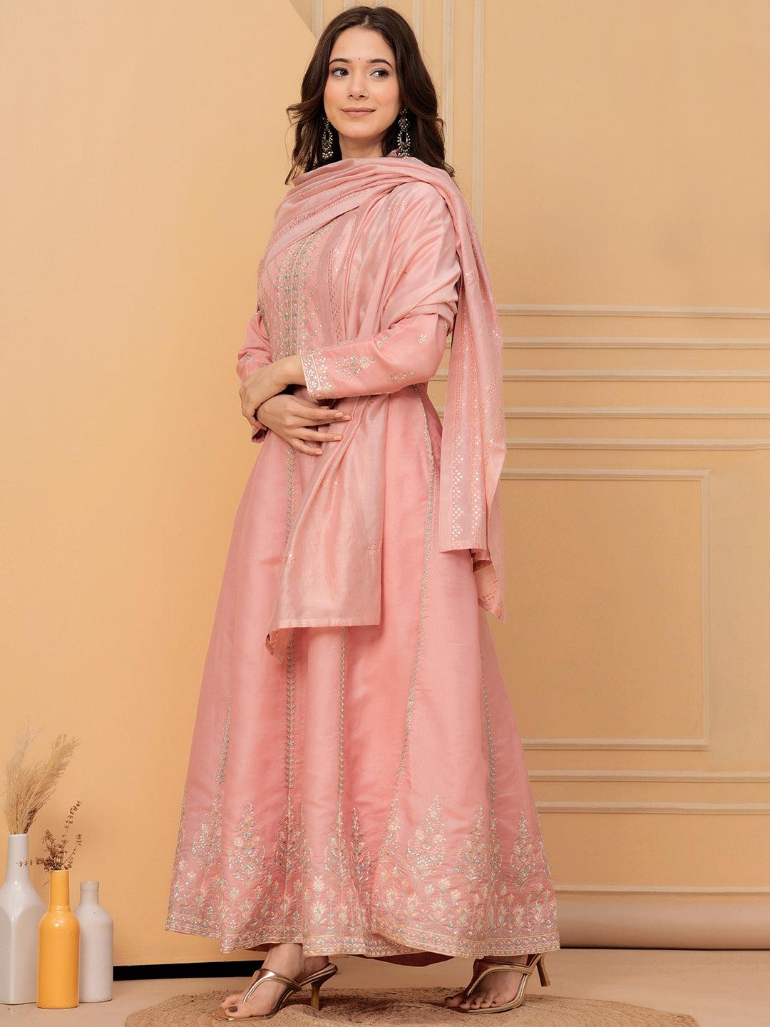 Jashvi Art Peach Embroidered Silk Blend A-Line Kurta With Trousers & Dupatta - Jashvi