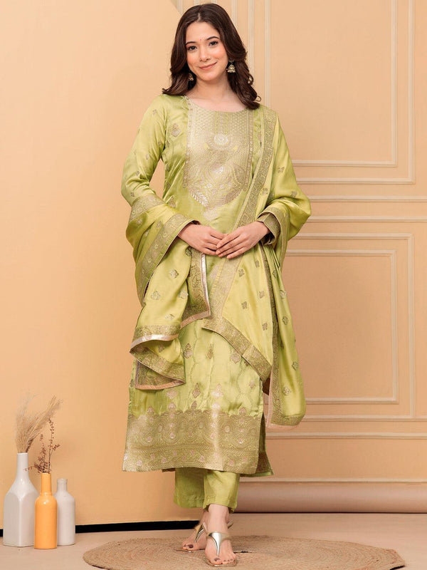 Jashvi Art Green Woven Design Silk Straight Suit With Dupatta