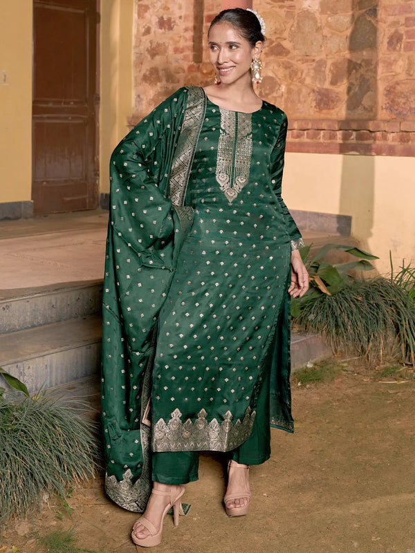 Jashvi Art Green Woven Design Silk Straight Suit With Dupatta