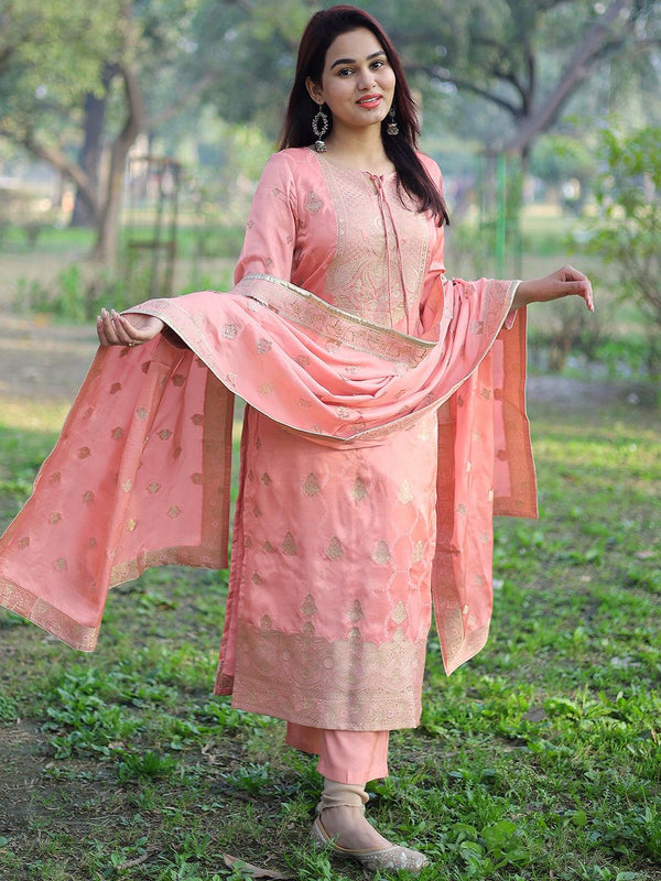 Jashvi Art Peach Woven Design Silk Straight Suit With Dupatta