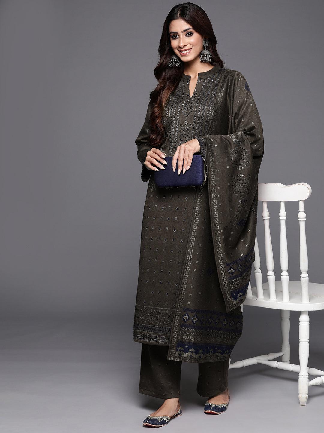 Brown Woven Design Wool Blend Straight Suit With Dupatta - Jashvi