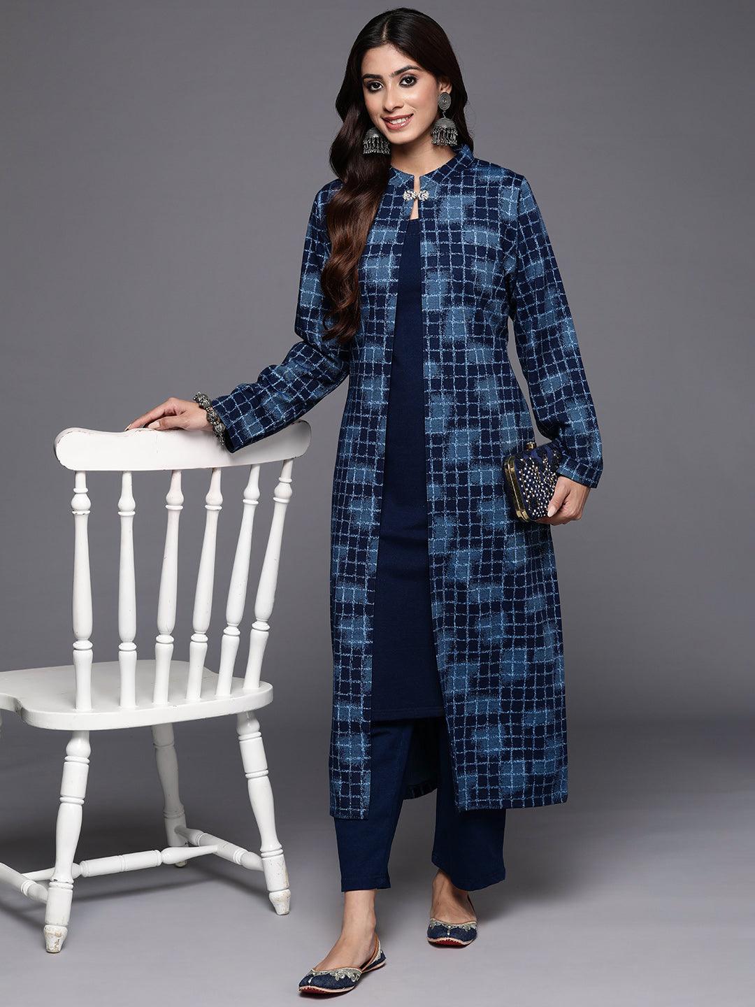 Blue Printed Wool Blend Straight Kurta Set - Jashvi