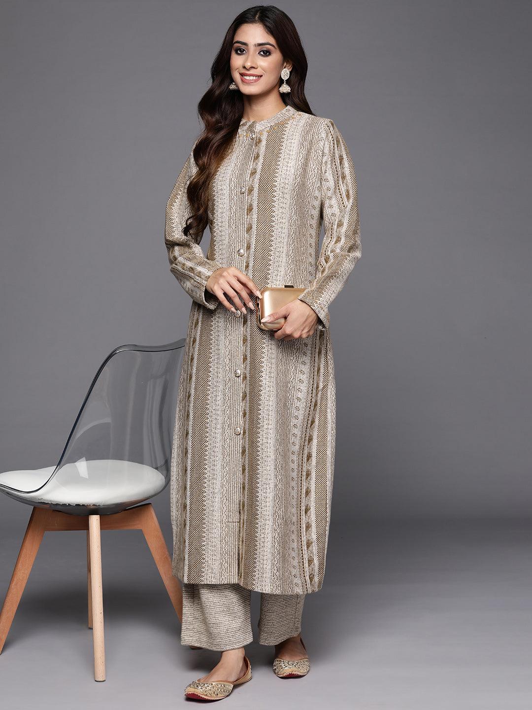 Beige Self Design Wool Blend A-Line Kurta With Trousers - Jashvi