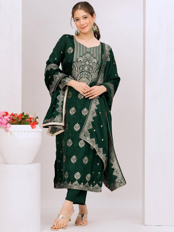 Jashvi Art Green Embroidered Silk Straight Suit With Dupatta - Jashvi