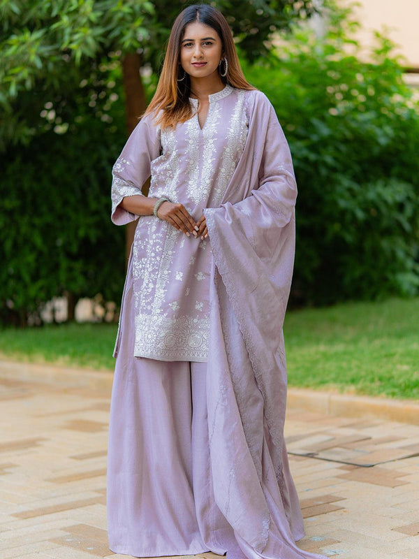 Jashvi Art Mauve Embroidered Silk Blend Straight Suit With Dupatta - Jashvi