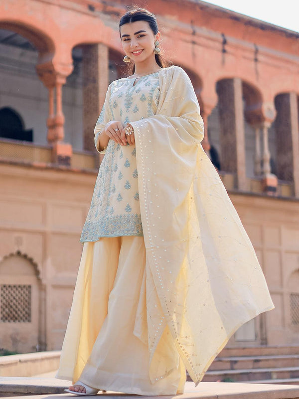 Jashvi Art Beige Embroidered Silk Blend Pakistani Suit