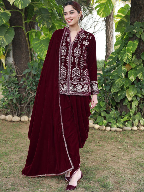 Jashvi Art Maroon Embroidered Velvet Straight Suit With Dupatta