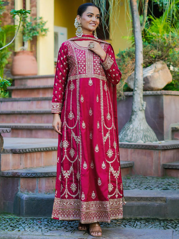 Jashvi Art Pink Embroidered Silk Blend A-Line Kurta With Trousers & Dupatta