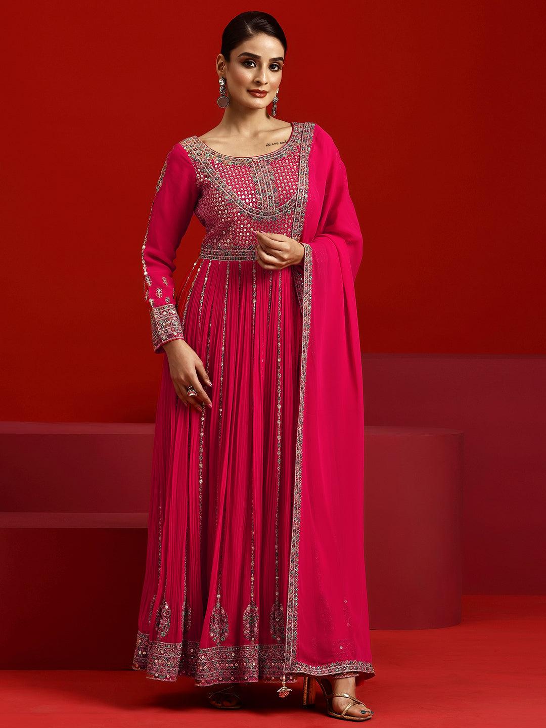 Jashvi Art Pink Embroidered Georgette A-Line Kurta With Trousers & Dupatta - Jashvi