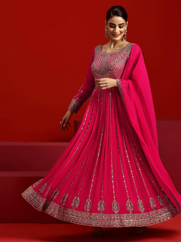 Jashvi Art Pink Embroidered Georgette A-Line Kurta With Trousers & Dupatta