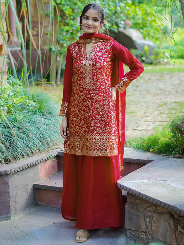 Jashvi Art Red Self Design Silk Blend Straight Suit With Dupatta