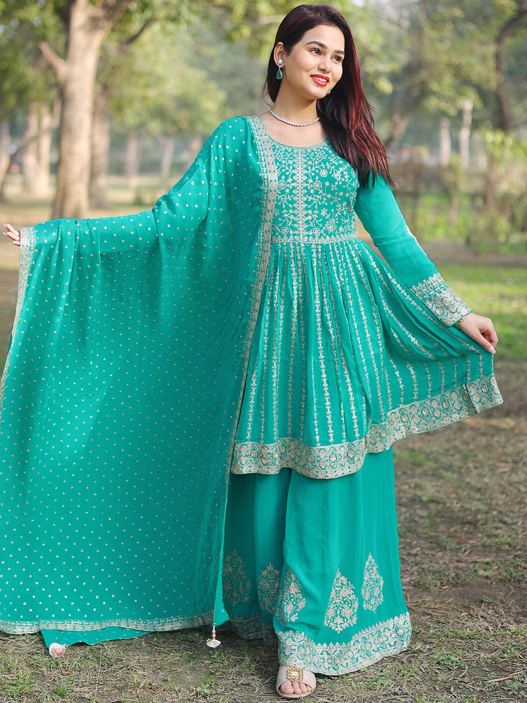 Jashvi Art Green Embroidered Georgette Anarkali Suit With Dupatta - Jashvi