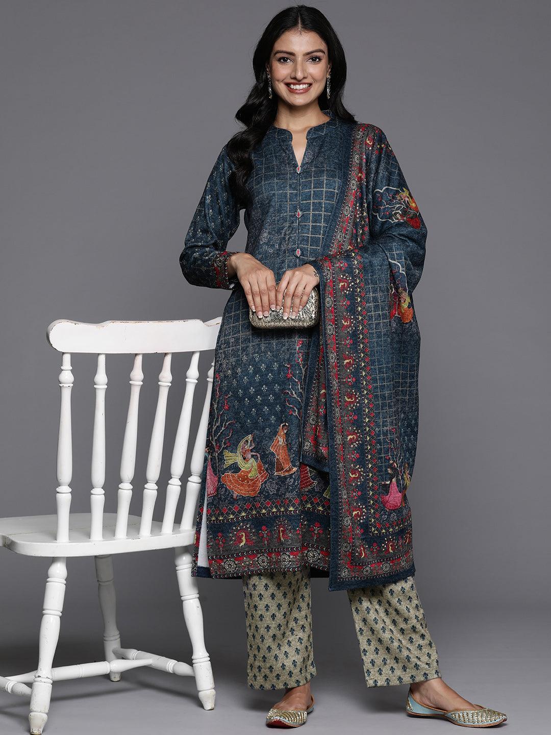 Blue Printed Wool Blend Straight Suit With Dupatta - Jashvi