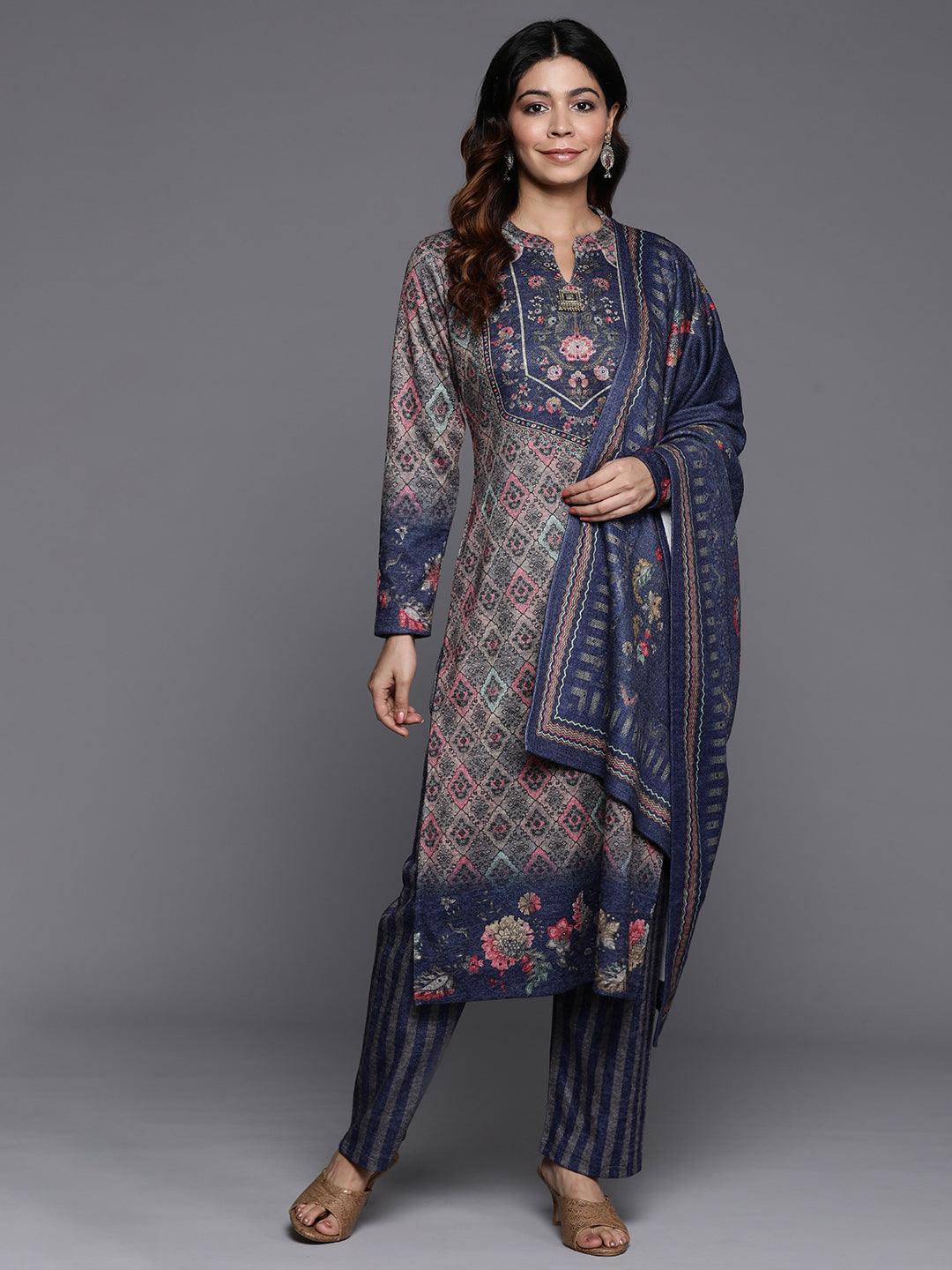 Multicoloured Printed Wool Blend Straight Suit With Dupatta - Jashvi