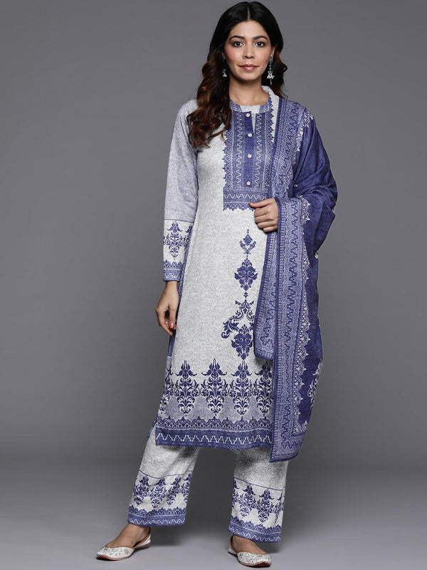 Grey Printed Wool Blend Straight Suit With Dupatta - Jashvi