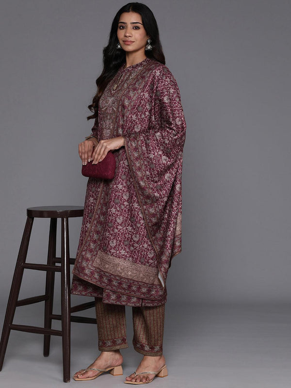 Maroon Printed Wool Blend Straight Suit With Dupatta