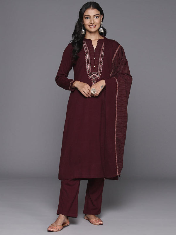 Maroon Yoke Design Wool Blend Straight Kurta With Palazzos & Dupatta - Jashvi