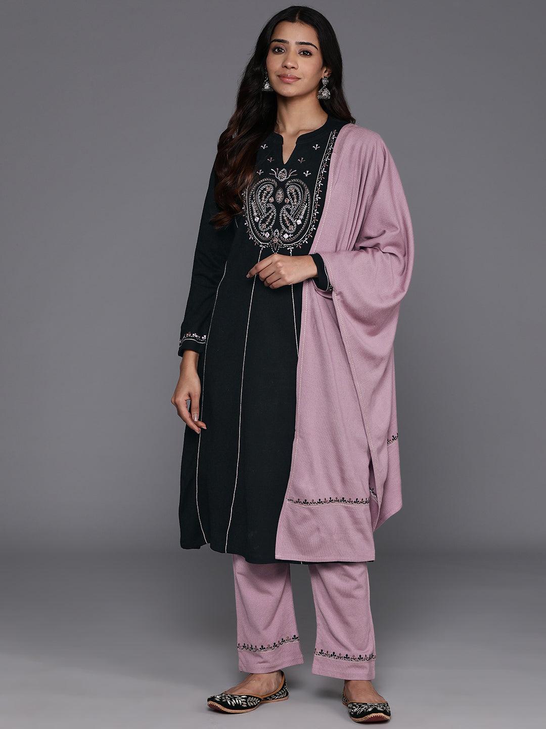 Black Yoke Design Wool Blend A-Line Kurta With Palazzos & Dupatta - Jashvi