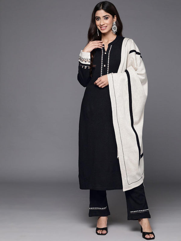 Black Yoke Design Wool Blend Straight Kurta With Palazzos & Dupatta - Jashvi