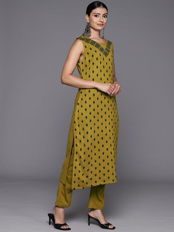 Mustard Woven Design Wool Straight Kurta With Trousers - Jashvi