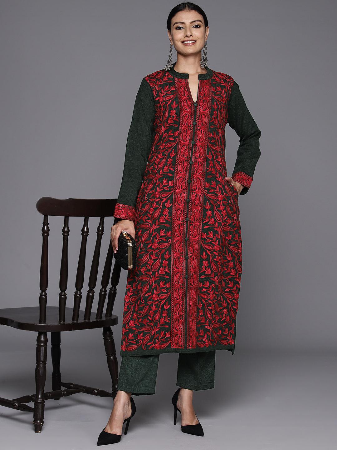 Green Embroidered Wool Straight Kurta With Trousers - Jashvi