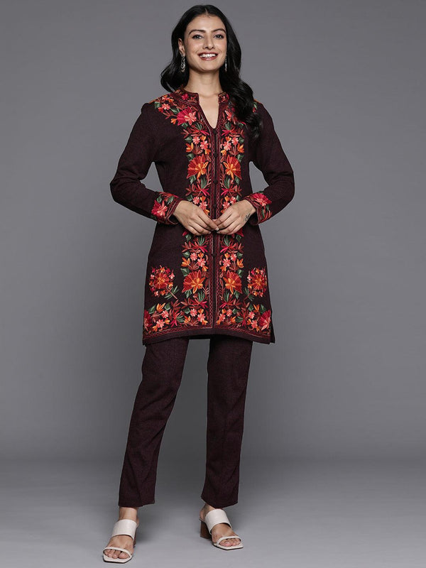 Wine Embroidered Wool Straight Kurta Set - Jashvi