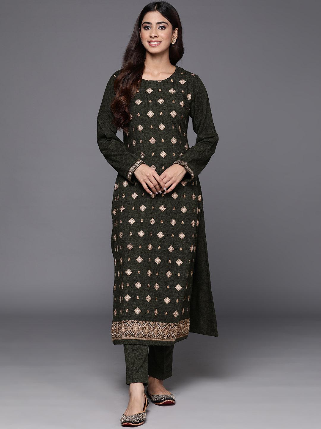 Olive Embroidered Wool Straight Kurta With Trousers - Jashvi