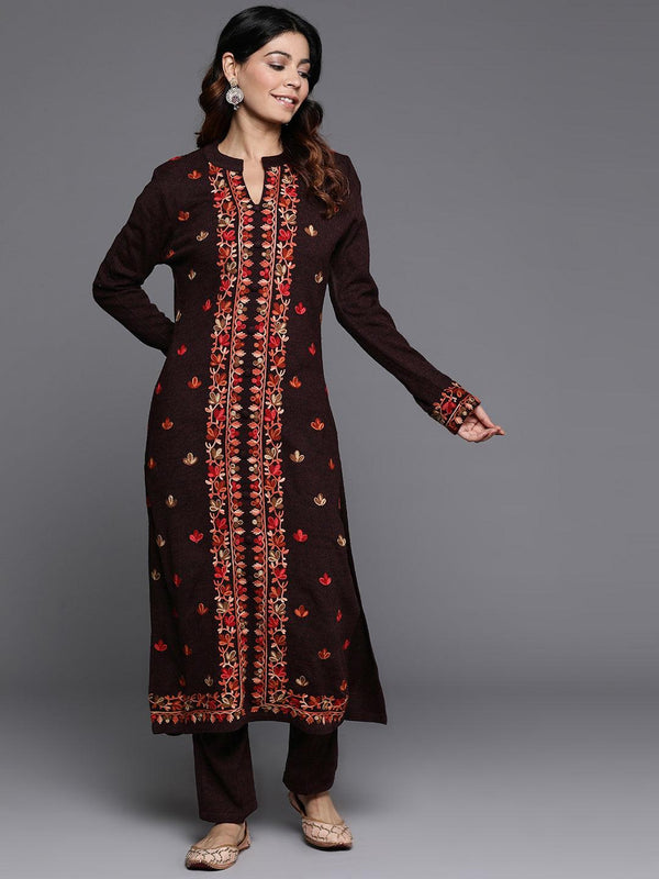 Wine Embroidered Wool Straight Kurta Set - Jashvi