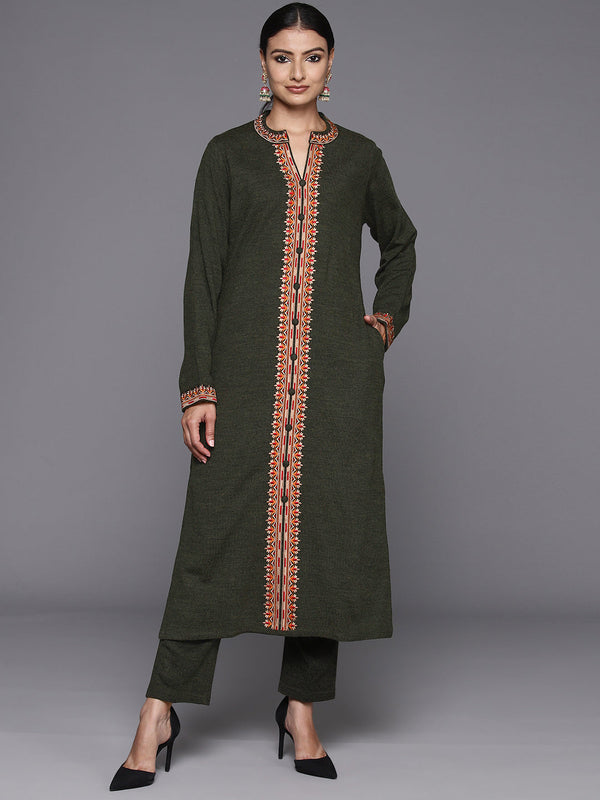 Olive Embroidered Wool Straight Kurta Set