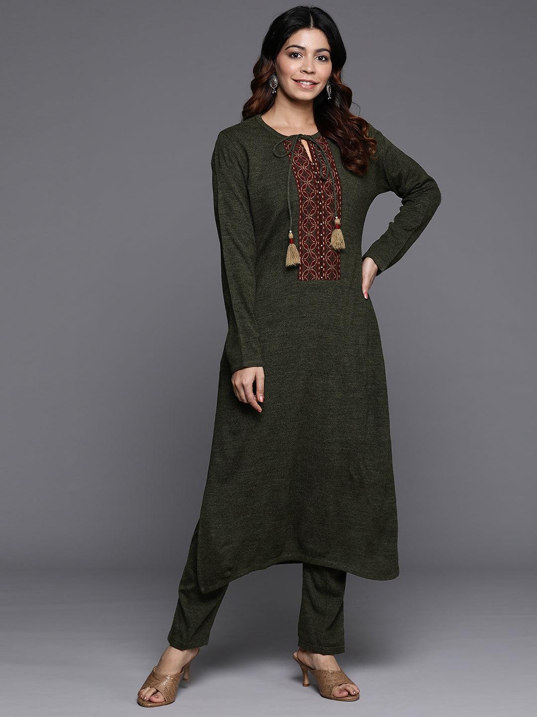 Olive Yoke Design Wool Straight Kurta Set - Jashvi