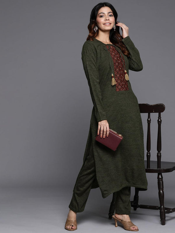 Olive Yoke Design Wool Straight Kurta Set