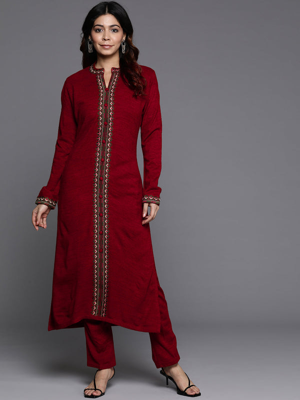 Red Embroidered Wool Straight Kurta Set