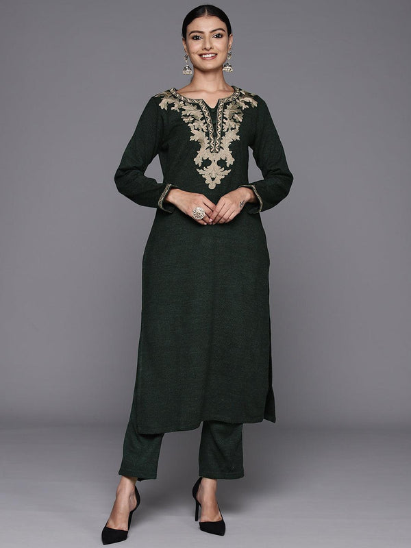 Green Yoke Design Wool Straight Kurta With Trousers - Jashvi