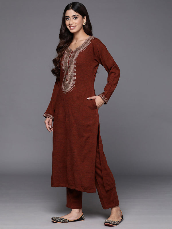 Wine Yoke Design Wool Straight Kurta Set