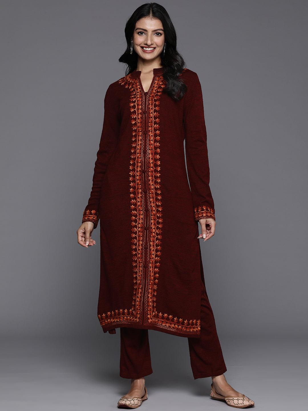 Maroon Embroidered Wool Straight Kurta Set - Jashvi