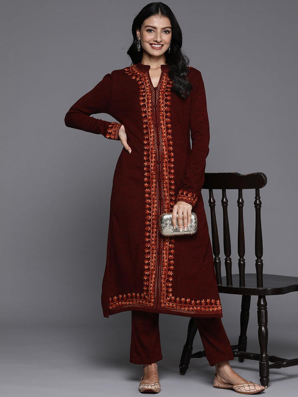 Maroon Embroidered Wool Straight Kurta Set