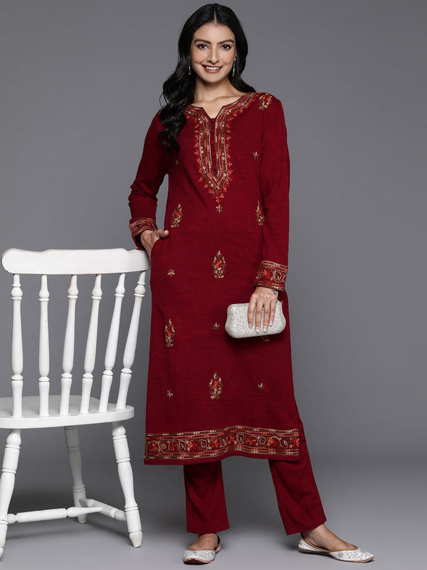 Red Embroidered Wool Straight Kurta Set