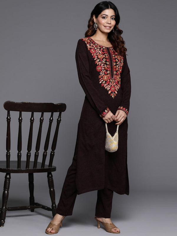 Wine Yoke Design Wool Straight Kurta Set