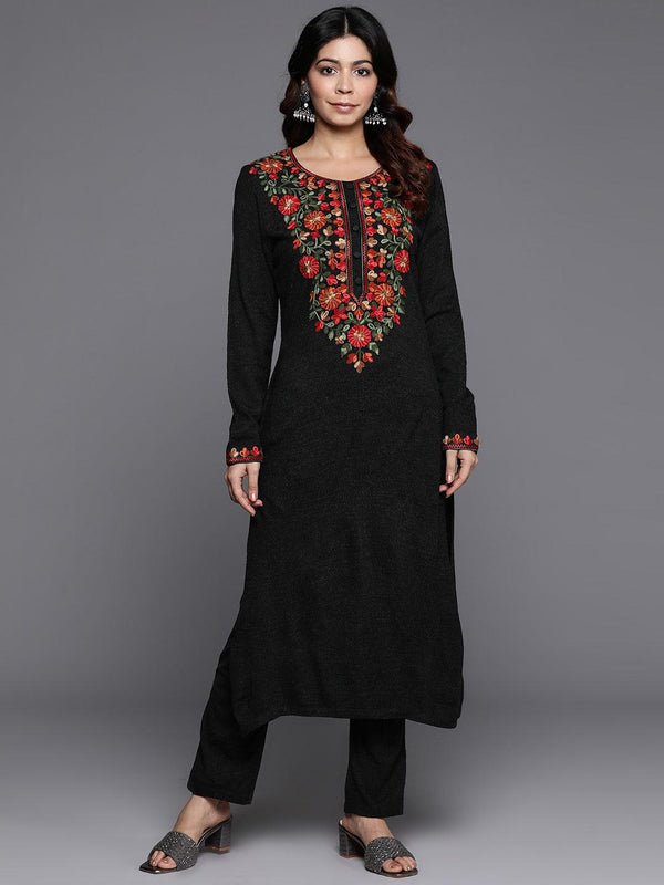 Black Yoke Design Wool Straight Kurta Set - Jashvi