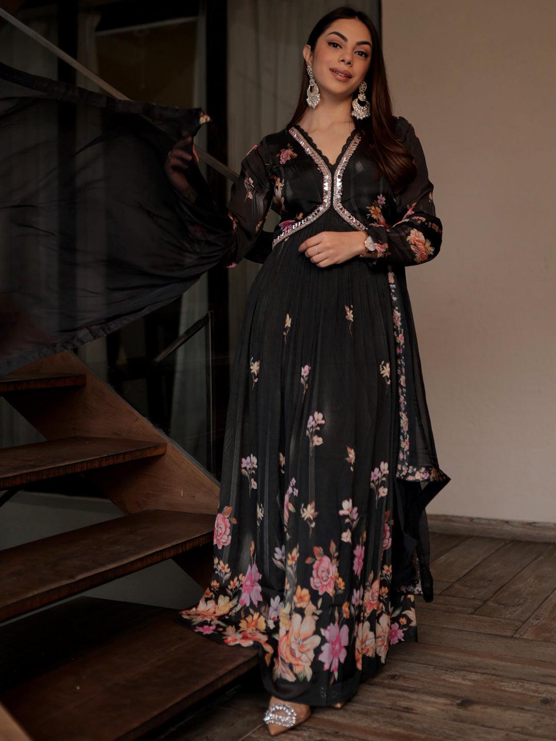 Jashvi Art Black Printed Silk Anarkali Suit With Dupatta - Jashvi