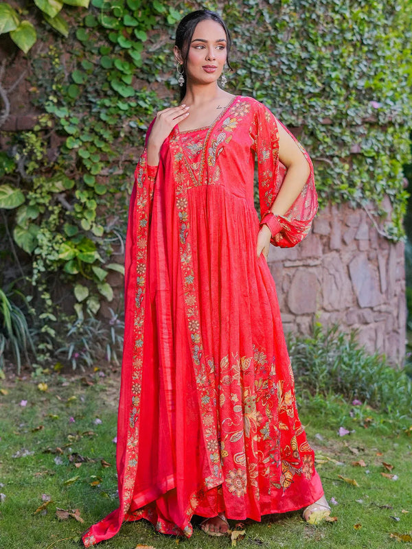 Jashvi Art Coral Printed Silk Anarkali Suit With Dupatta