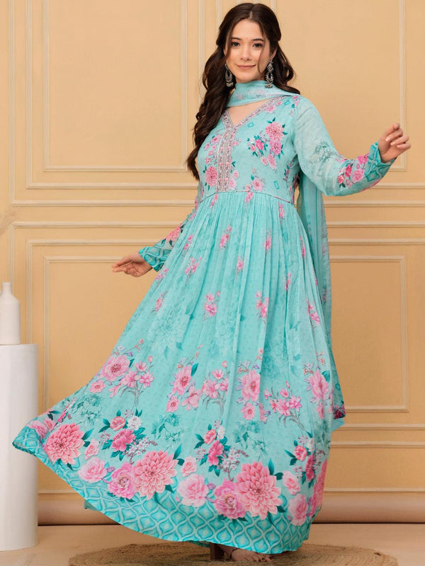 Jashvi Art Sea Green Printed Silk Chiffon Anarkali Kurta With Trousers & Dupatta - Jashvi